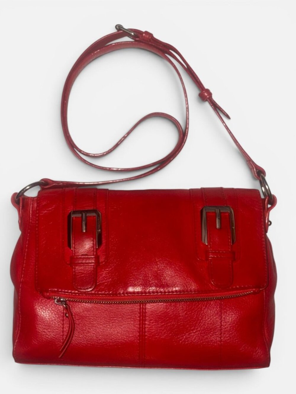 B Makowsky Fold Over Cherry Red Pebbled Leather Crossbody Bag Adjustable Strap - Picture 3 of 11